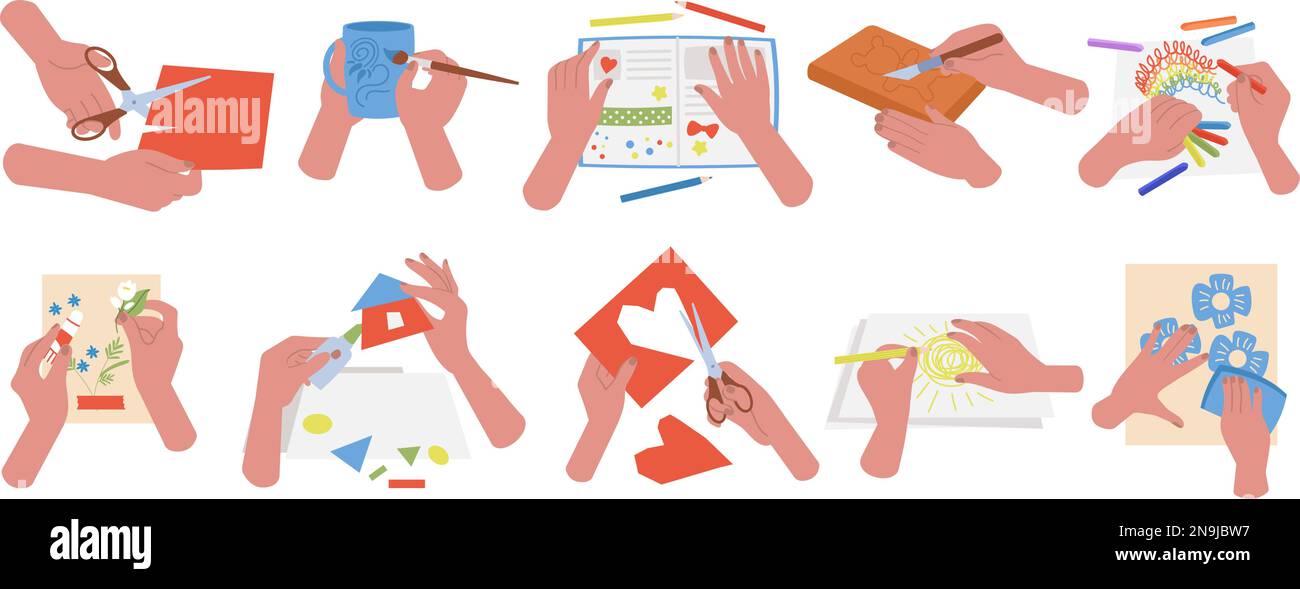 Laboratorio creativo per bambini, le mani creano pittura, ricamo o fai da te. Tessile e arte della carta, attività fatte a mano per bambini decente collezione vettoriale Illustrazione Vettoriale