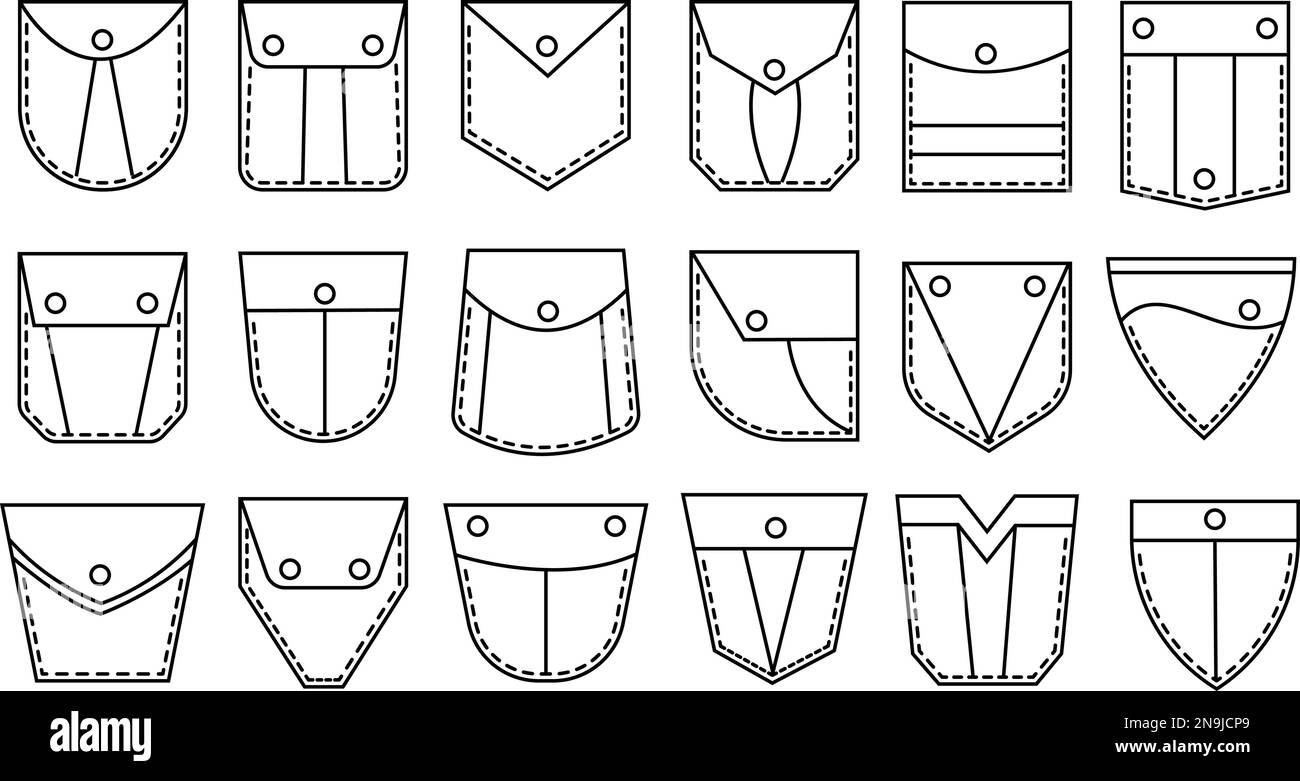 Modelli di tasche patch isolate. Tasca in denim, giacche con cuciture uniformi decorate. Pantaloni tascabile, contorno abiti casual decent elementi vettoriali Illustrazione Vettoriale