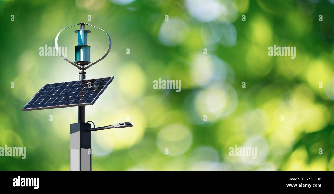 Lanterna a LED di strada alimentata dal vento e dall'energia solare. Foto Stock