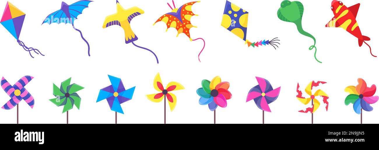 Giochi di vento pinwheel, colorato mulino a vento giocattolo cartone animato design. Bambini aquiloni di carta, ruota di colore divertenti elementi per bambini. Giochi estivi neoterici vettoriali all'aperto Illustrazione Vettoriale