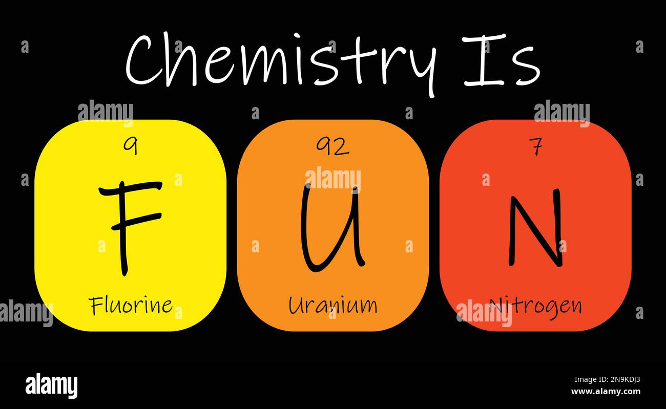 La chimica è DIVERTENTE: Fluoro, uranio e azoto. Frase divertente con la tabella periodica degli elementi chimici. Illustrazione Vettoriale