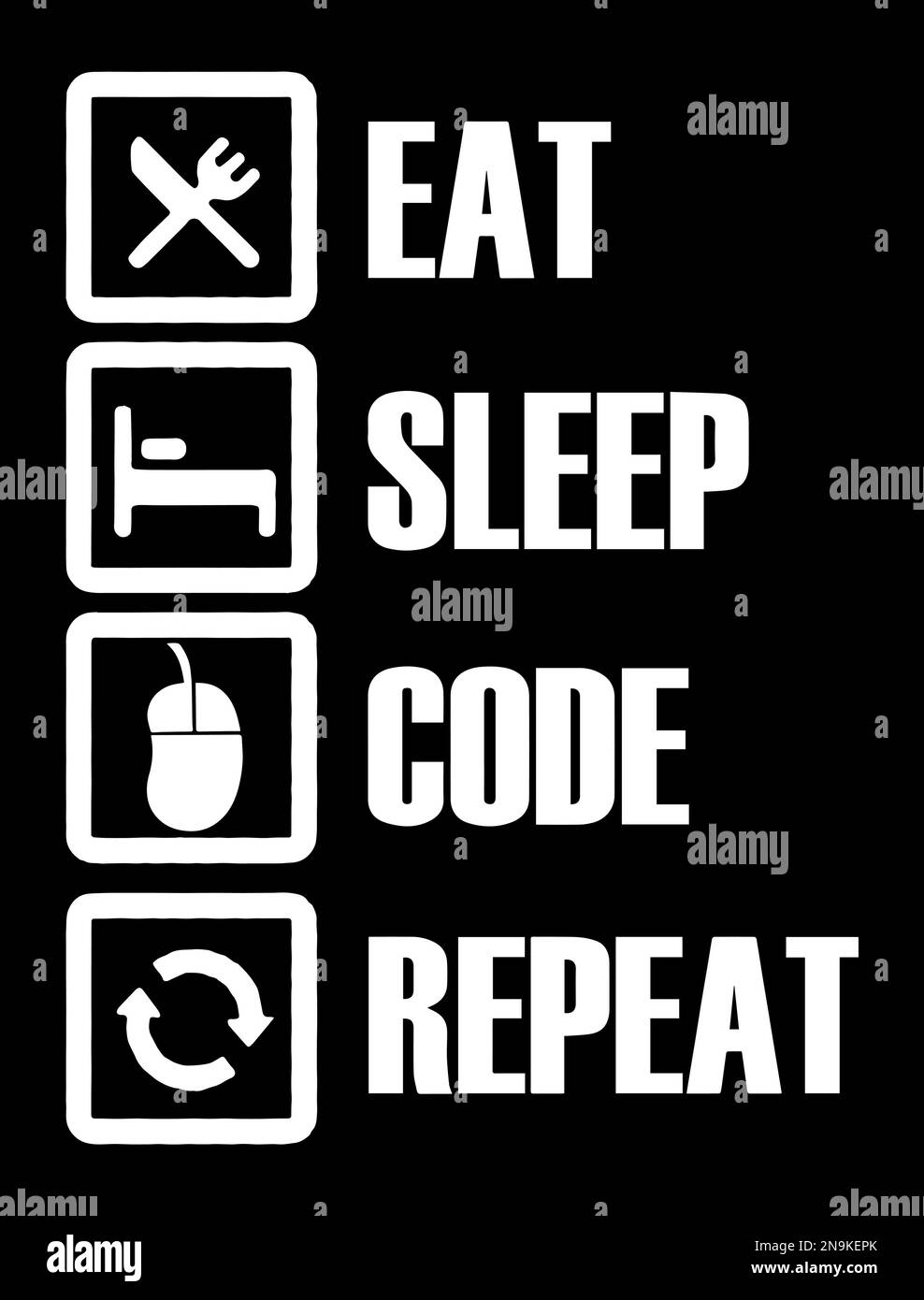 Eat Sleep Code Ripeti disegno tipografico vettoriale con icone. Infografica sulla vita quotidiana del programmatore. Illustrazione Vettoriale
