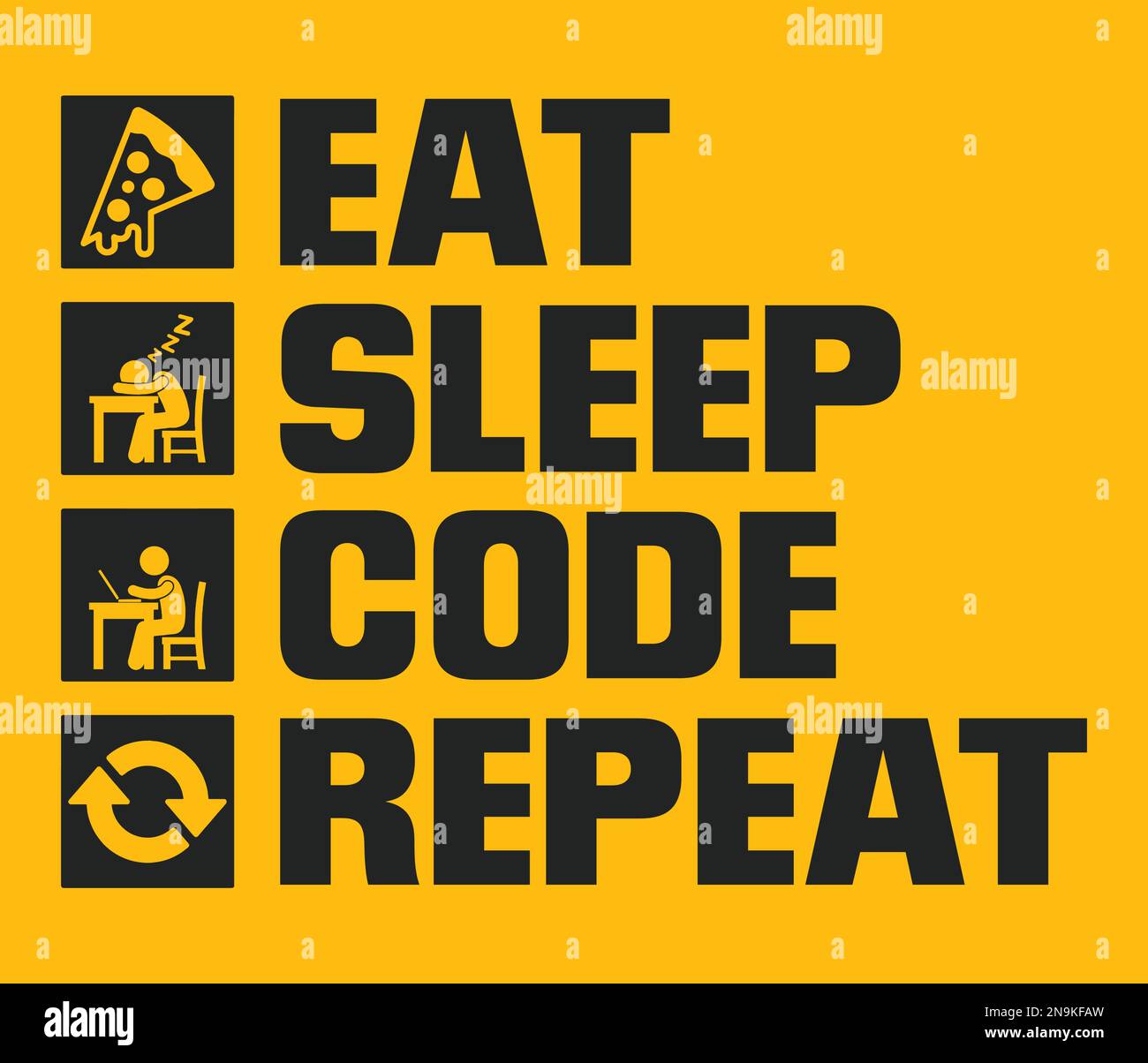 Infografica sulla vita quotidiana del programmatore. Mangiare codice di sonno ripetizione disegno tipografico vettoriale con icone Illustrazione Vettoriale