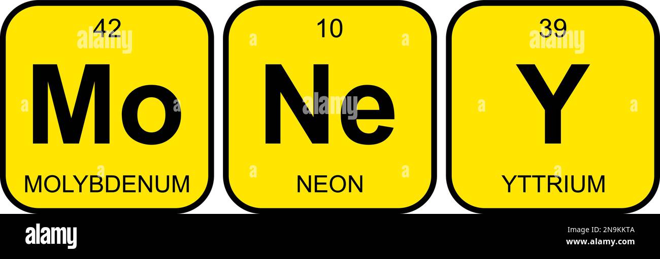 Denaro – molibdeno, neon e ittrio. Frase divertente con la tabella periodica degli elementi chimici su sfondo giallo. Illustrazione Vettoriale