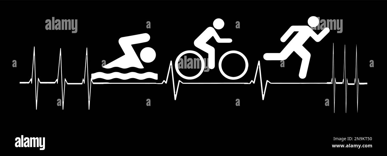 Linea di impulsi heartbeat con nuoto, ciclismo e corsa. Divertente Triathlon Design. Illustrazione Vettoriale