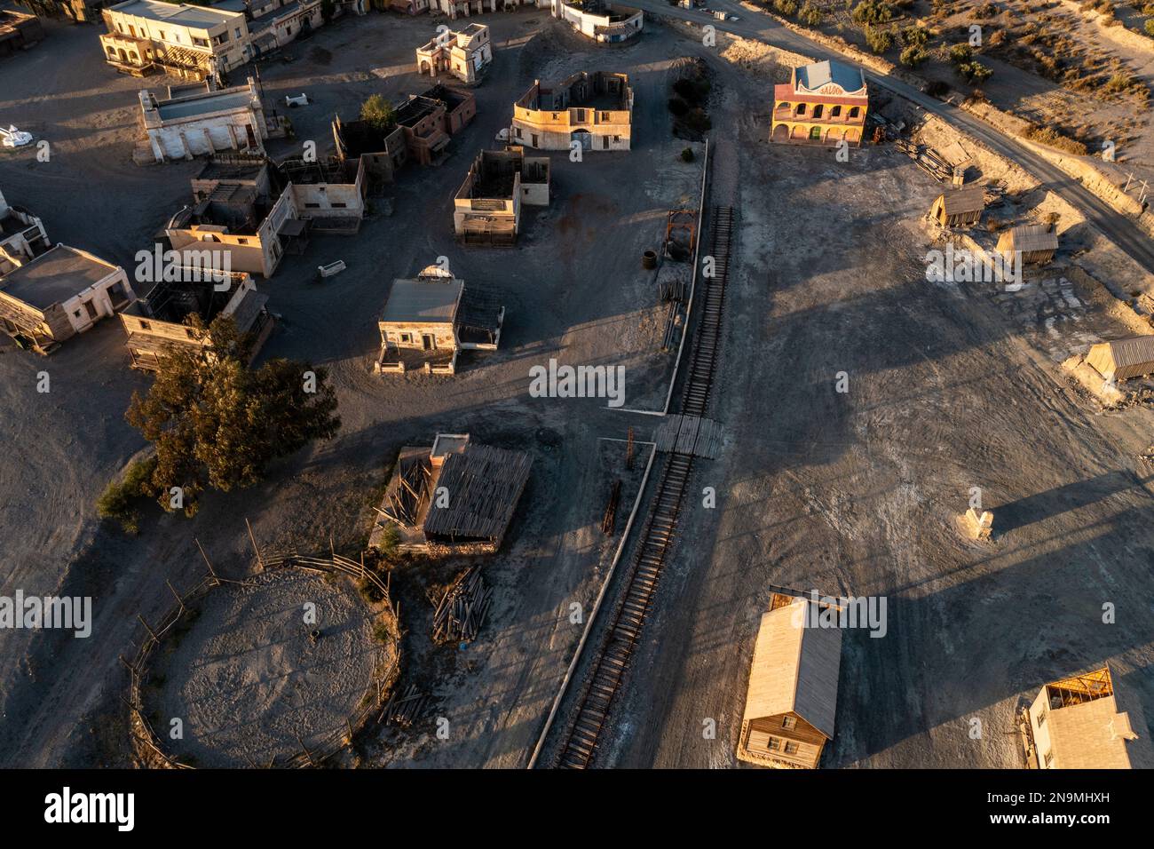 Vista del drone della città occidentale Fort Bravo nel deserto di Tabernas Andalusia Foto Stock