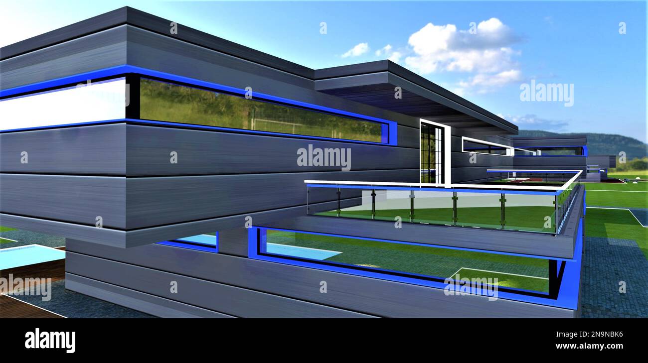 Moderno balcone della casa di lusso. Illuminazione giorno blu bianco della ringhiera di vetro e delle finestre come decorazione della facciata. rendering 3d. Foto Stock