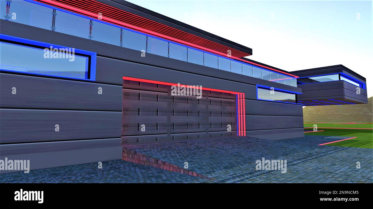 Cancello garage chiuso in acciaio della casa di lusso illuminato in rosso e blu al mattino. rendering 3d. Recinzione di vetro della terrazza all'aperto è sopra. Foto Stock