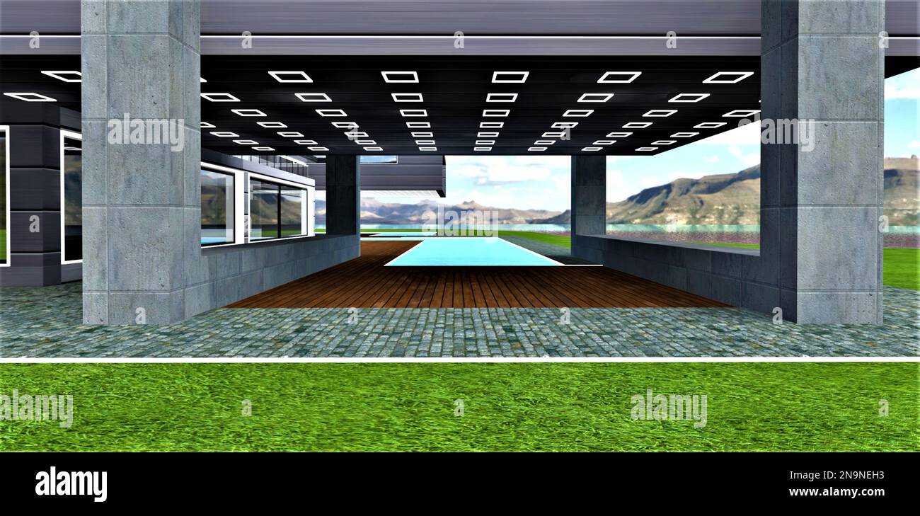 Patio vuoto di villa contemporanea di recente costruzione. Supporti in calcestruzzo massicci. Lampade LED bianche sopra un ponte di fronte alla piscina. Mou meraviglioso Foto Stock