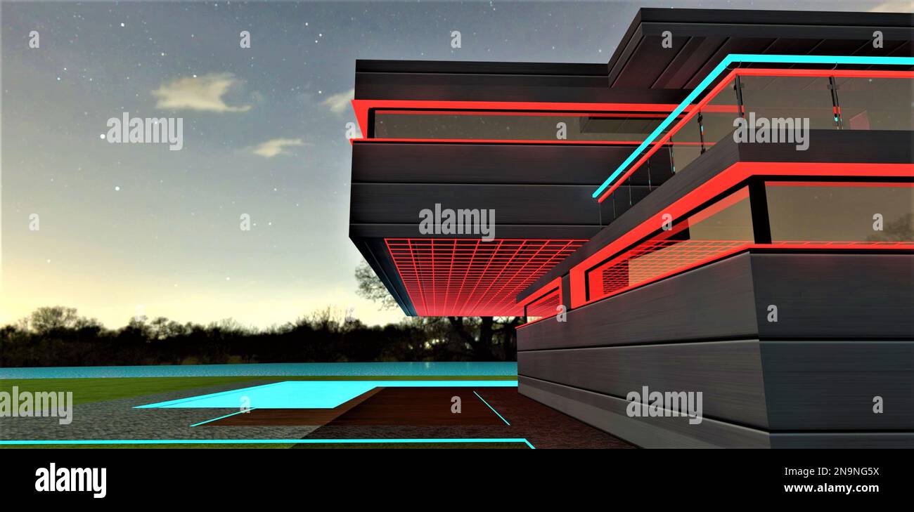 Illuminazione rossa aggressiva degli archi della finestra di notte. Griglia luminosa sul fondo del secondo piano. Guide di recinzione in vetro turchese. 3d re Foto Stock