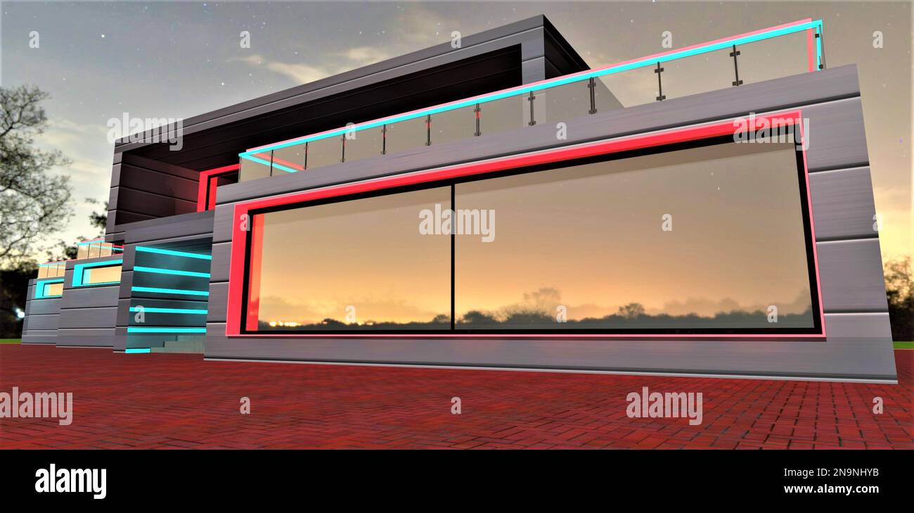 Grande finestra a specchio che riflette le luci notturne di un villaggio lontano. Eleganti elementi luminosi della facciata in alluminio. rendering 3d. Foto Stock