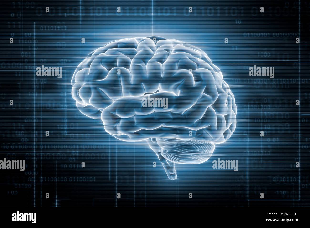 Cervello umano con effetto glitch su sfondo blu e IT o illustrazione di rendering codice binario 3D. Intelligenza artificiale o intelligenza artificiale, tecnologia o tecnologia, Foto Stock