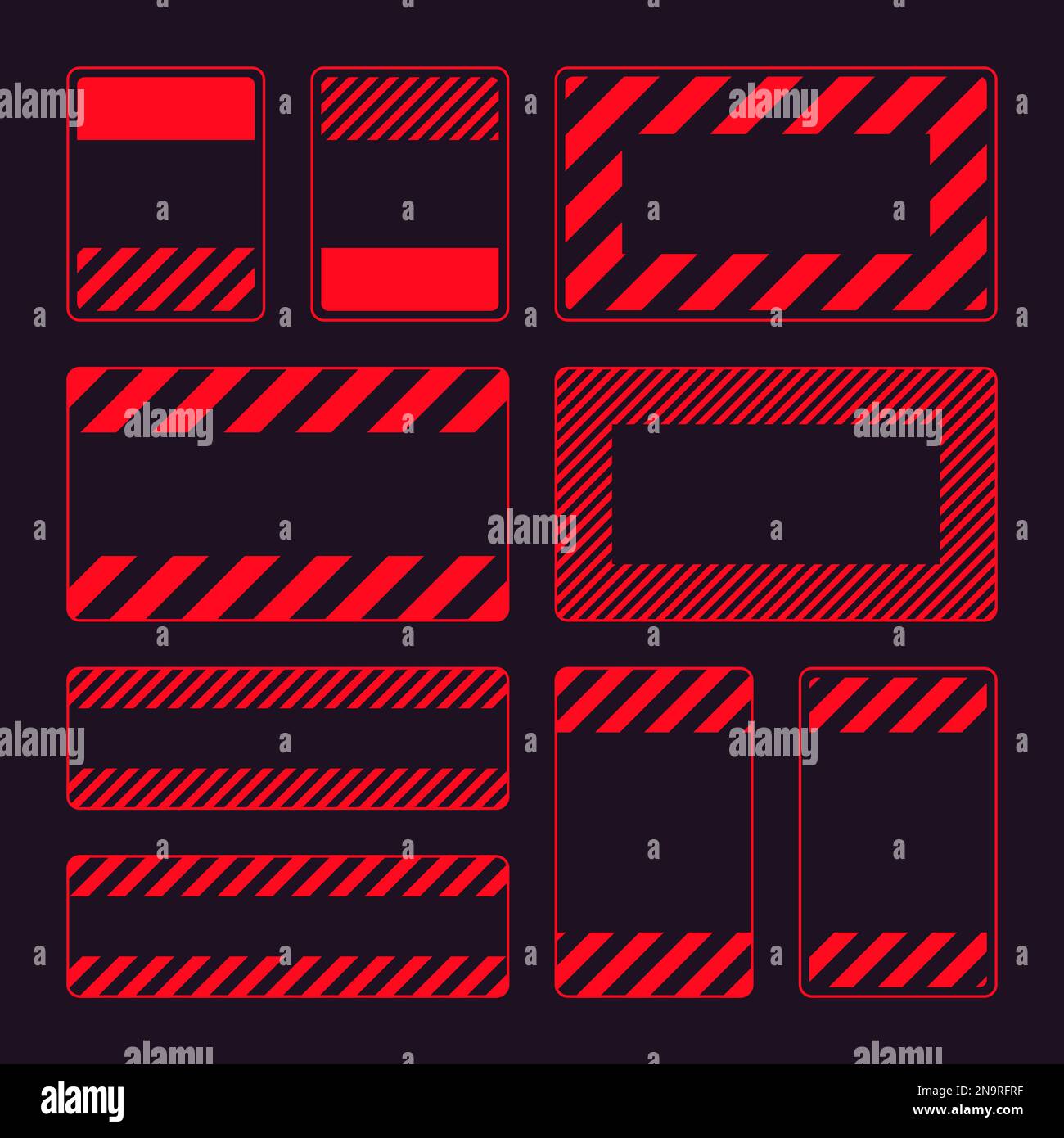 Vari segnali di avvertimento rossi vuoti con linee diagonali. Segnale di attenzione, pericolo o attenzione, segnaletica per cantiere. Cartello di avviso realistico, avvertenza Illustrazione Vettoriale