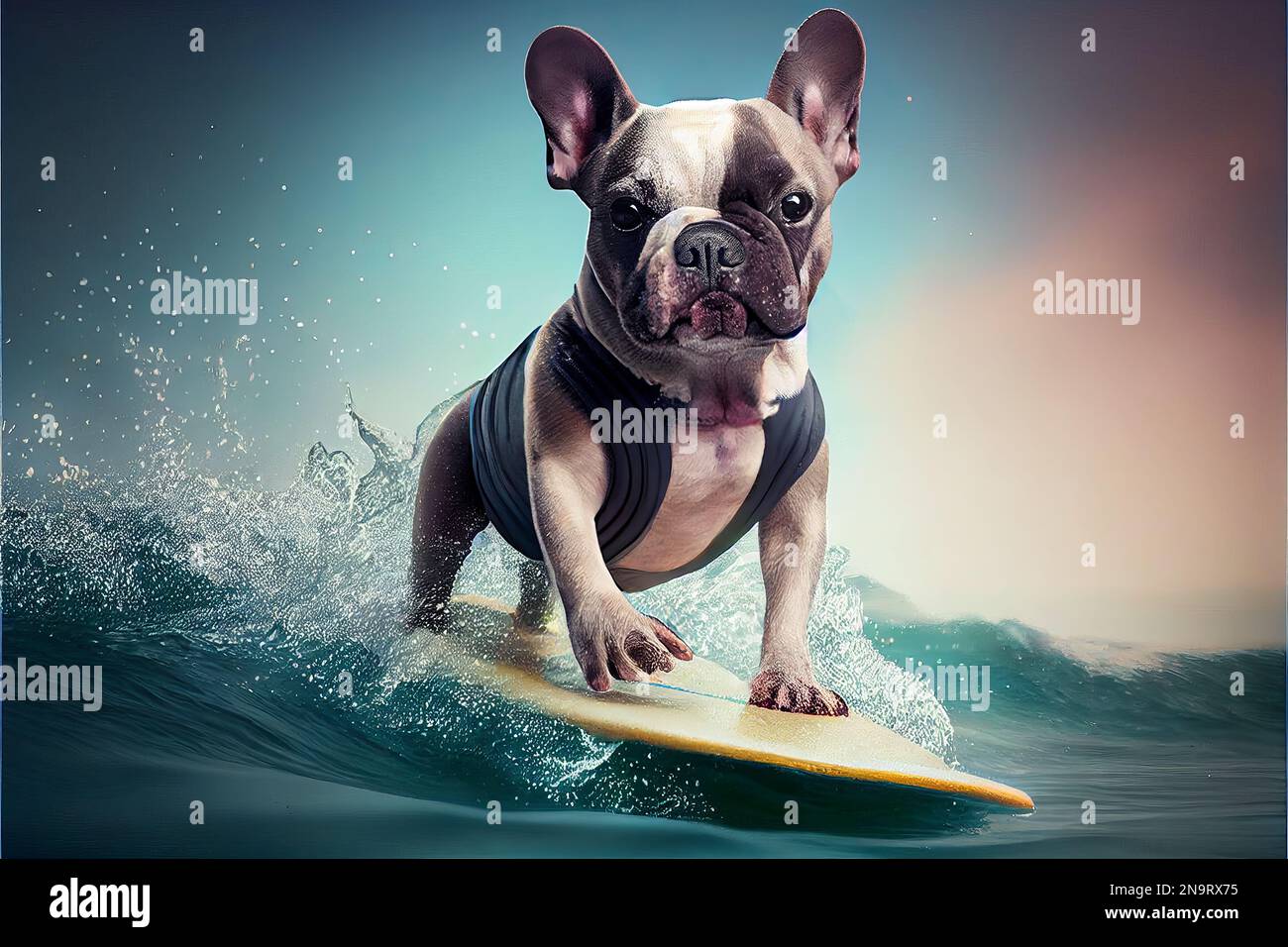 Bulldog francese bianco-nero in costume da bagno, fluttuante su una tavola  da surf nelle grandi onde Foto stock - Alamy