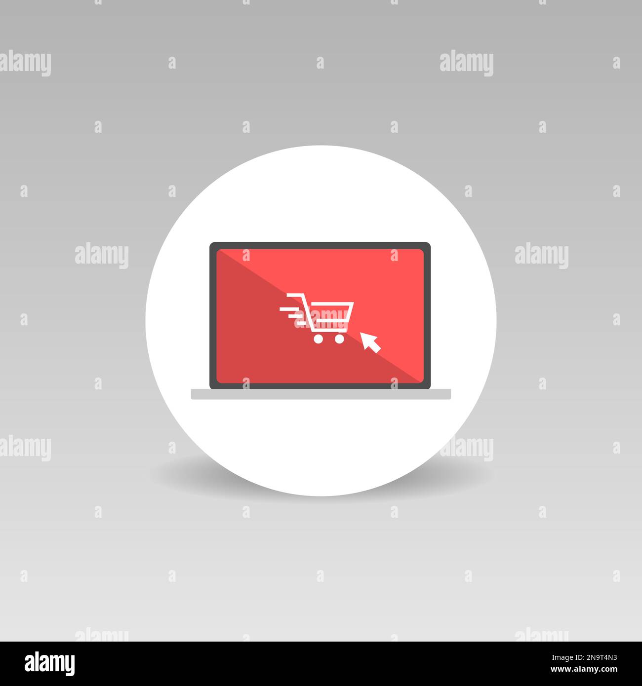 Online shopping concept vettoriale rotondo icona carrello icona su schermo rosso laptop Illustrazione Vettoriale