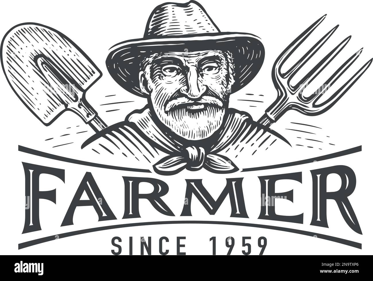 Ritratto di un agricoltore anziano in un cappello, una spade e una forchetta, emblema. Azienda agricola, logo agricolo. Illustrazione vettoriale vintage Illustrazione Vettoriale