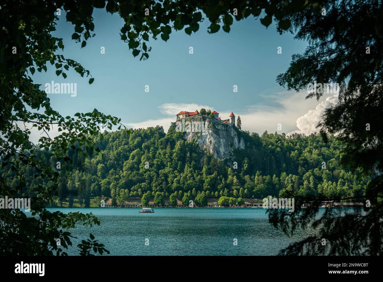 Lago di Bled con un castello di Bled, in una cornice di foglie in estate giorno Foto Stock
