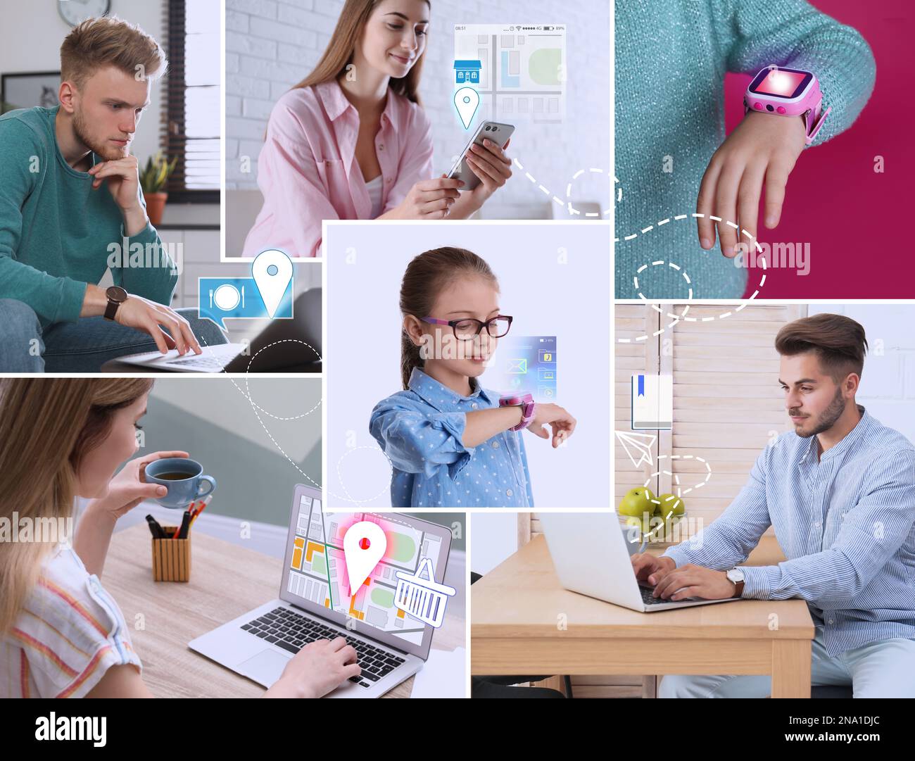Controlla la geolocalizzazione dei bambini tramite l'orologio intelligente. Foto dei genitori e dei loro figli, collage Foto Stock