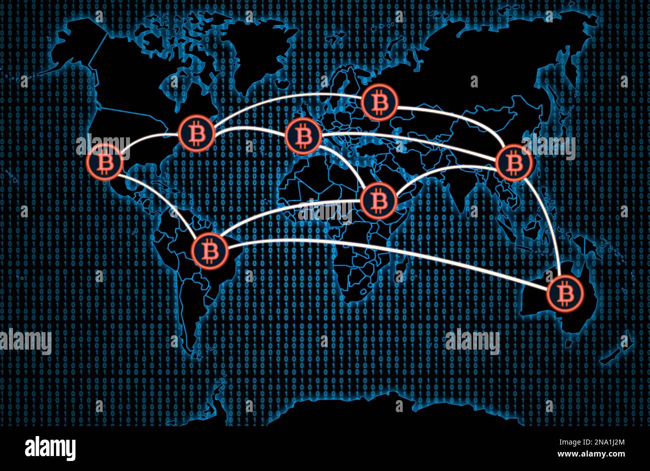 Transazioni internazionali di bitcoin su una mappa del mondo oscuro sfondo. Foto Stock