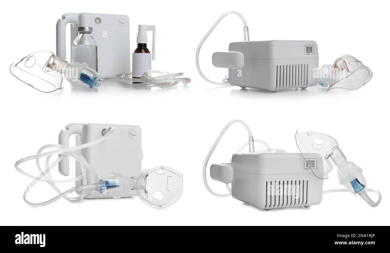 Set di nebulizzatori moderni su sfondo bianco. Apparecchiature per inalazione Foto Stock