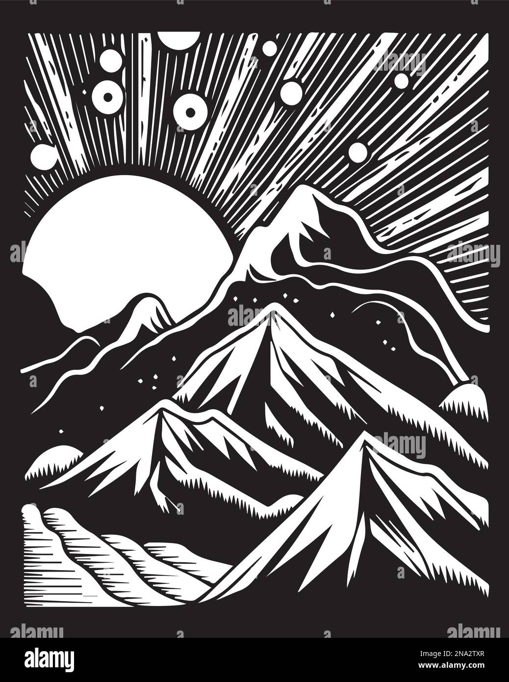 linocut, illustrazione, montagna, paesaggio, disegno, nero, vettore, incisione, natura, vintage, grafica, bianco, disegno, avventura, etichetta, montagne, s Illustrazione Vettoriale