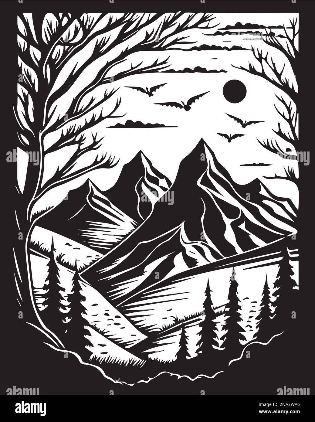 linocut, illustrazione, montagna, paesaggio, disegno, nero, vettore, incisione, natura, vintage, grafica, bianco, disegno, avventura, etichetta, montagne, s Illustrazione Vettoriale