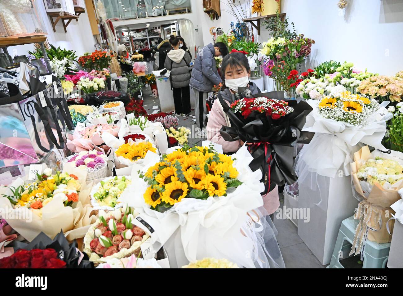 XUZHOU, CINA - 13 FEBBRAIO 2023 - un dipendente seleziona, organizza e confeziona i fiori in base a un ordine in un negozio di fiori nella contea di Suining, Xuzho Foto Stock