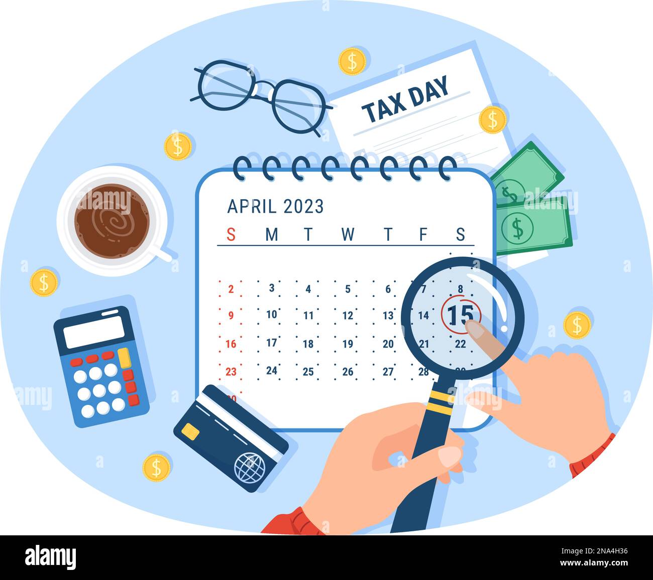 Illustrazione del giorno fiscale con modulo Clipboard, orologio, calendario e monete denaro per banner Web o landing page in modelli cartoon piano disegnati a mano Illustrazione Vettoriale