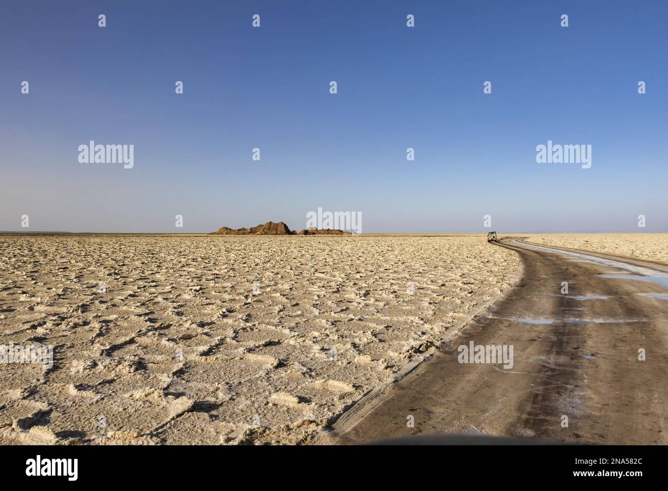 Veicolo a quattro ruote motrici sulle distese saline del lago Karum (lago Assale), depressione Danakil; regione di Afar, Etiopia Foto Stock