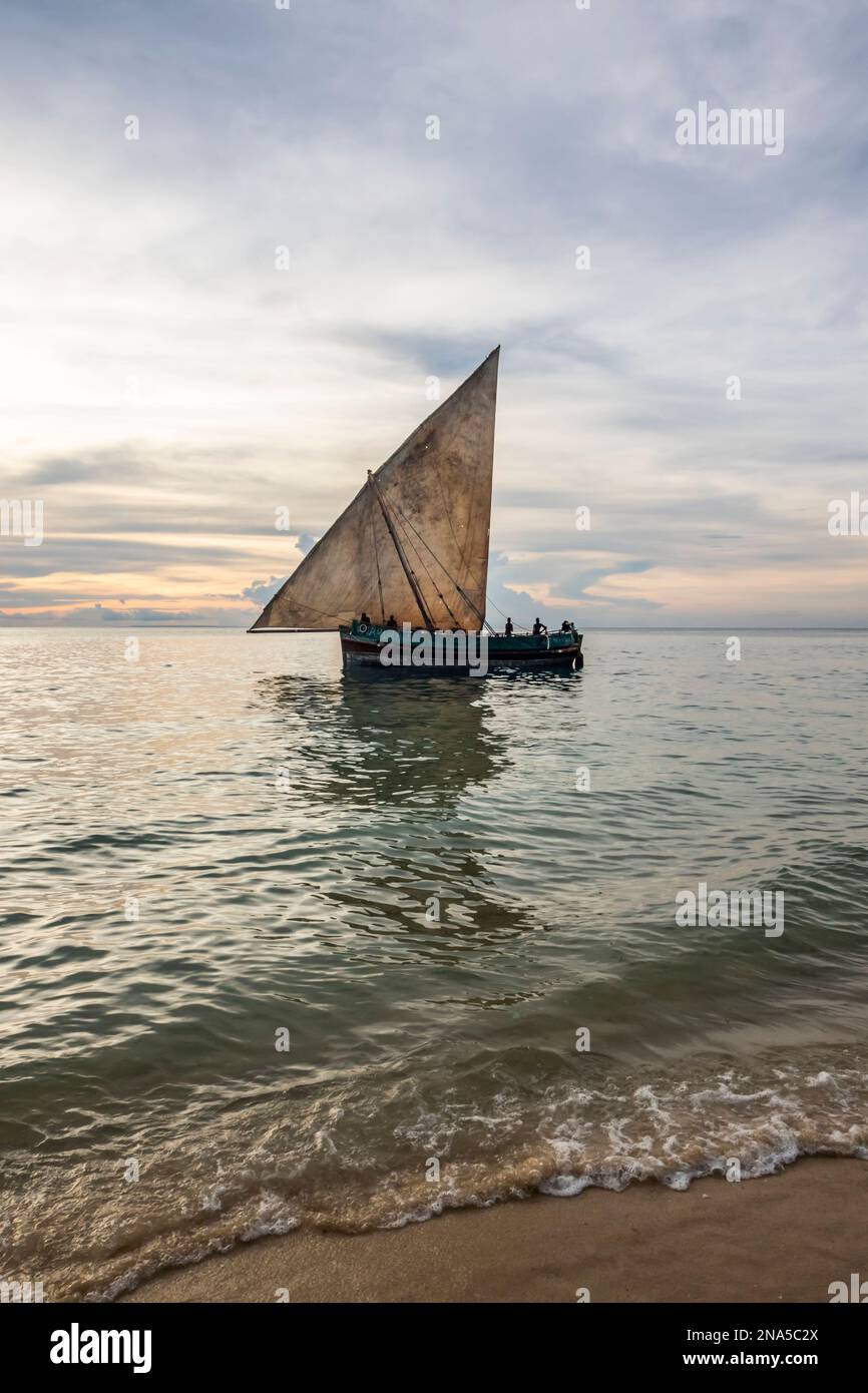 Dhows sull'Oceano Indiano al tramonto; Zanzibar City, Unguja Island, Zanzibar, Tanzania Foto Stock