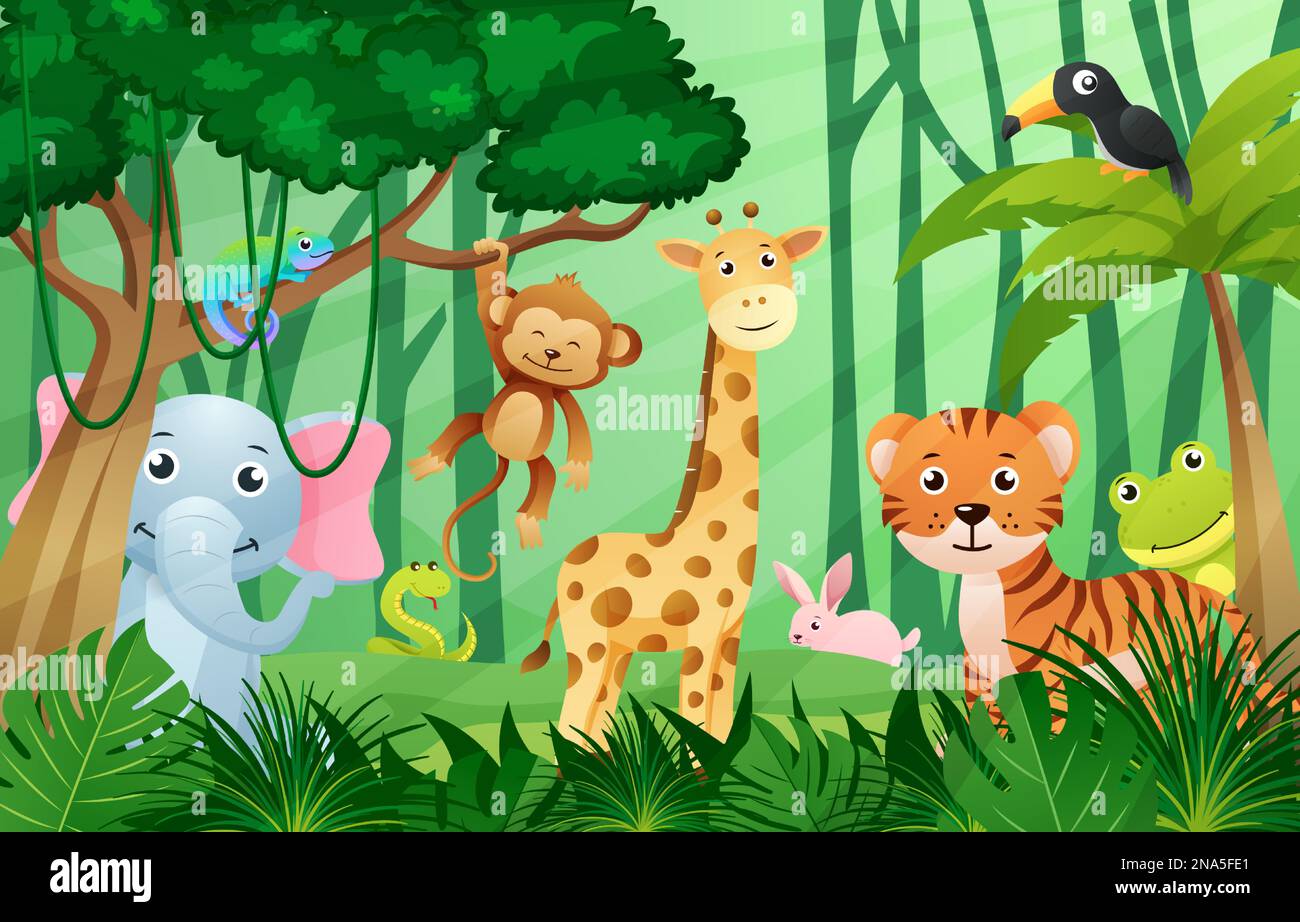 Animali selvatici nella giungla scena . Stile dei bambini. Vettore . Illustrazione Vettoriale