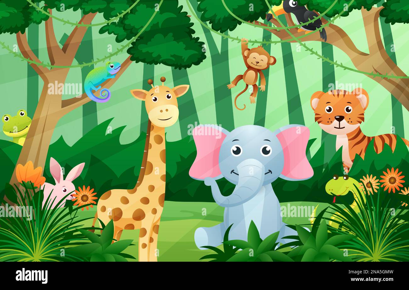 Animali selvatici nella giungla scena . Stile dei bambini. Vettore . Illustrazione Vettoriale