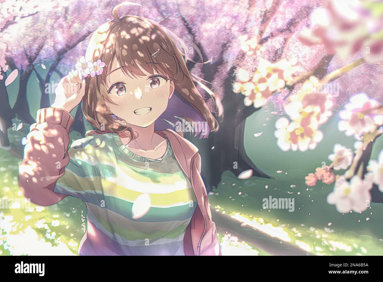 Una donna felice in stile anime cammina attraverso un parco primaverile in fiore, crogiolandosi al sole luminoso. sorride mentre prende le immagini e i suoni della stagione, Foto Stock