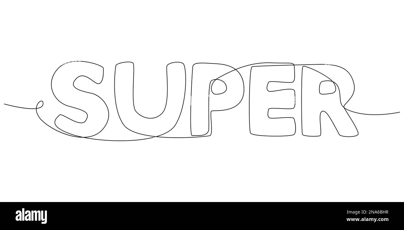 Una linea continua di Super word. Concetto di vettore di illustrazione a linea sottile. Disegno di contorno idee creative. Illustrazione Vettoriale