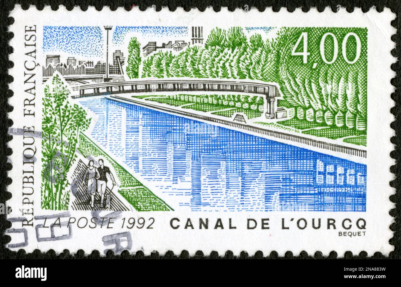 TIMBRE OBLITÉRÉ CANAL DE L'OURCQ. LA POSTE 1992. RÉPUBLIQUE FRENCH. 4,00 Foto Stock