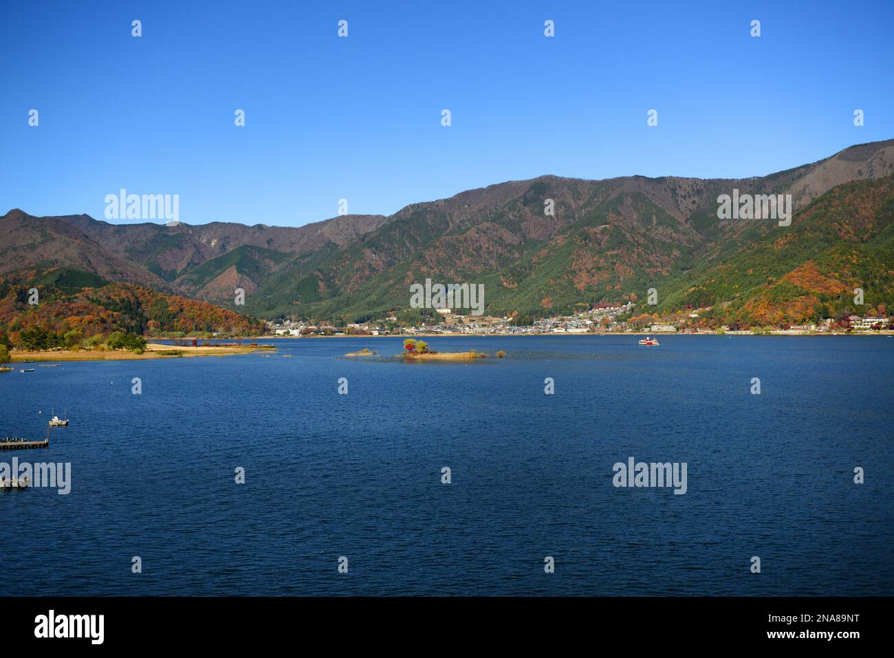Colori autunnali intorno al lago Kawaguchiko nella prefettura di Yamanashi, Giappone. Foto Stock