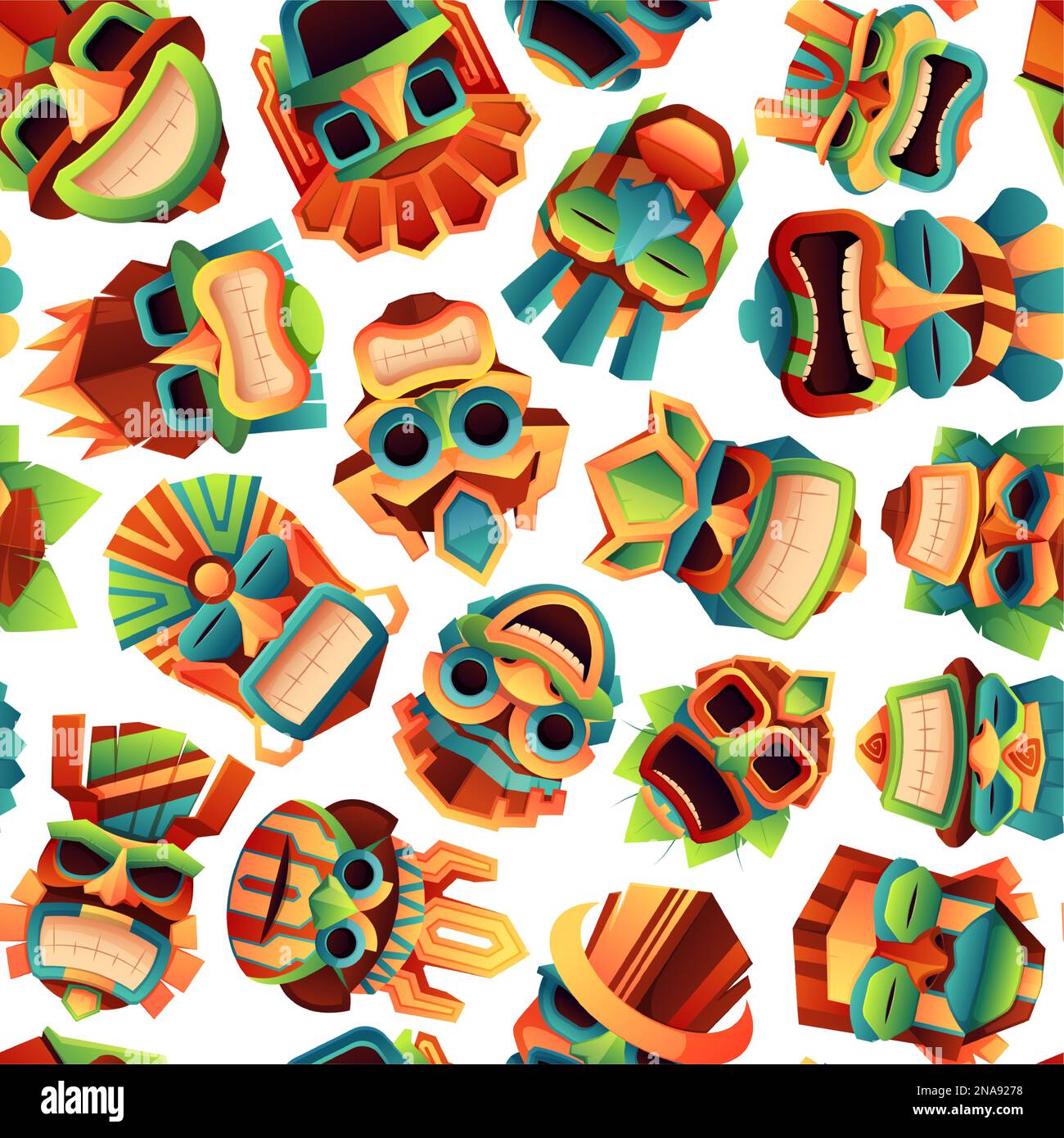 Modello di maschere africane. Stampa senza cuciture con totem zoomorfi etnici rituali tribali, decorazioni religiose antiche in stile cartoon. Texture vettoriale. Tessuto religioso di facce dipinte Illustrazione Vettoriale