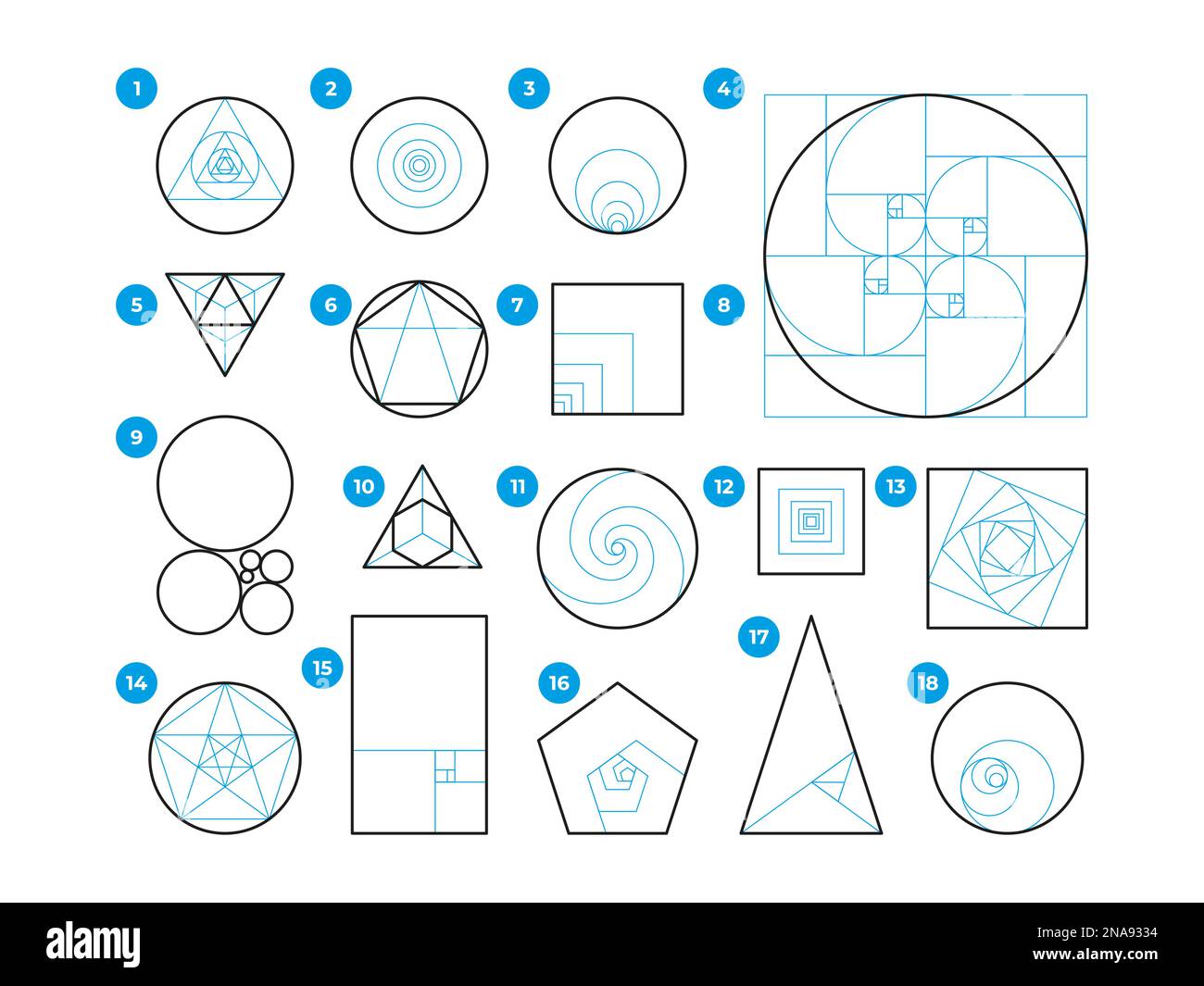 Regole Golden Ratio. Armonia geometrica di proporzioni ideali, regola dei terzi e sequenza fibonacci, composizione matematica dell'arte visiva. Set vettoriale. Profilati rotondi e rettangolari Illustrazione Vettoriale