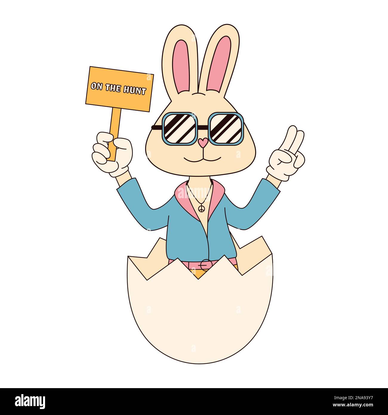 Hippie groovy buon carattere di Pasqua. Coniglietto di Pasqua in stile cartoon retrò 60s 70s alla moda. Illustrazione Vettoriale