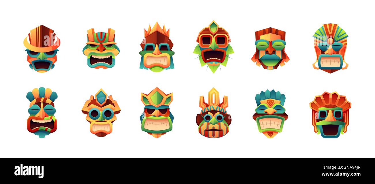 Maschere tribali. Teste di tiki del cartone animato e mascheramento del viso rituale africano della Polinesia delle Hawaii indigena, idoli di totem della tribù tradizionale antica. Set con isolamento vettoriale. Elementi religiosi o cerimoniali per i volti Illustrazione Vettoriale