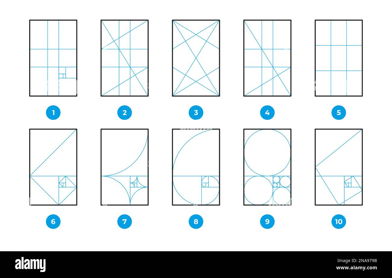 Regole di composizione. Diagrammi di scienza matematica a formula geometrica, rapporto d'oro e regola dei terzi, sequenza fibonacci 1. 618 proporzioni, geometria frattale. Set vettoriale. Misurazione perfetta e precisa Illustrazione Vettoriale