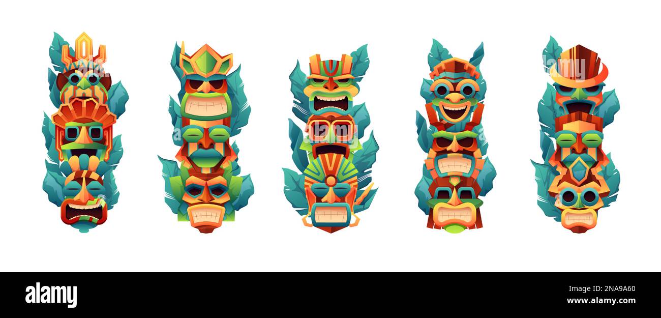 Totem Tiki. Maschere tribali tradizionali indigene primitive, idoli rituali della tribù indigena azteca messicana, simboli etnici dei cartoni animati. Set vettoriale. Mascheratura cerimoniale con foglie Illustrazione Vettoriale Totem Tiki. Maschere tribali tradizionali indigene primitive, idoli rituali della tribù indigena azteca messicana, simboli etnici dei cartoni animati. Set vettoriale. Mascheratura cerimoniale con foglie Illustrazione Vettoriale