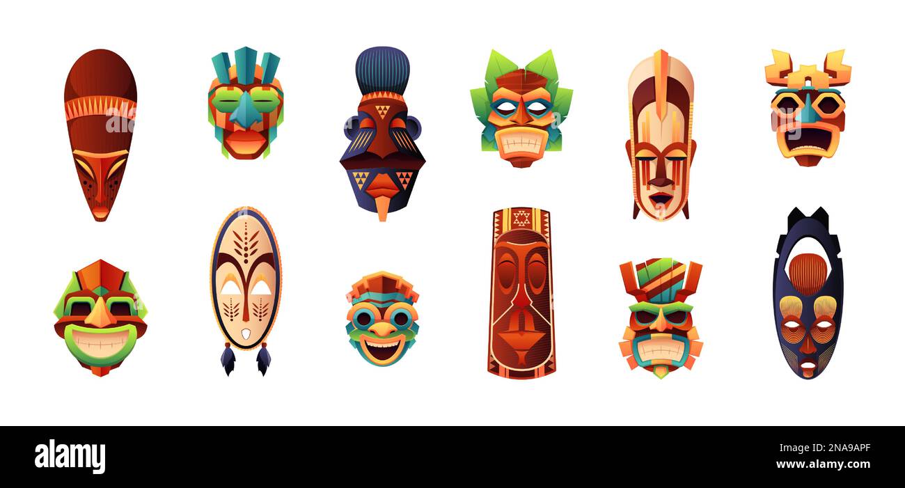 Maschere rituali africane. Totem tradizionali a forma di volto umano tribale cerimoniale, stile di cartoni animati zoomorfi decorativi folcloristici indigeni. Set piatto vettoriale. Idoli tropicali di legno, cultura Illustrazione Vettoriale