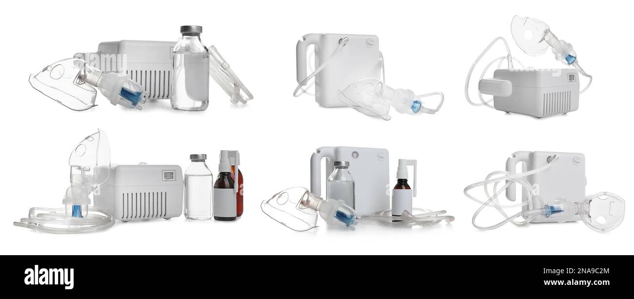 Set di nebulizzatori moderni su sfondo bianco, design banner. Apparecchiature per inalazione Foto Stock