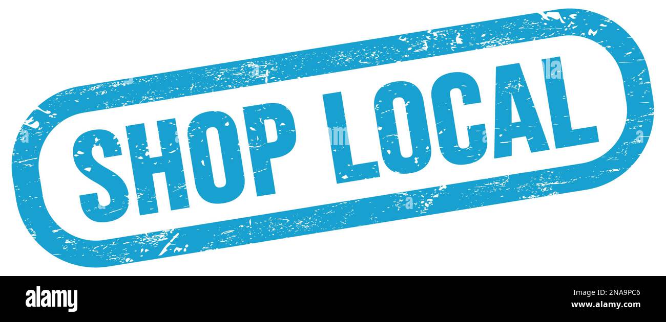 NEGOZIO LOCALE, testo sul segno blu rettangolo timbro. Foto Stock