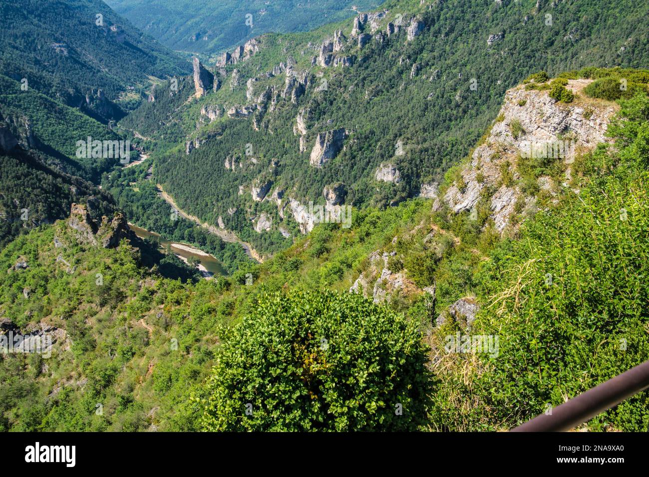 Una vista panoramica di una verde catena montuosa visto da Sublime Point a Lozere, Francia Foto Stock