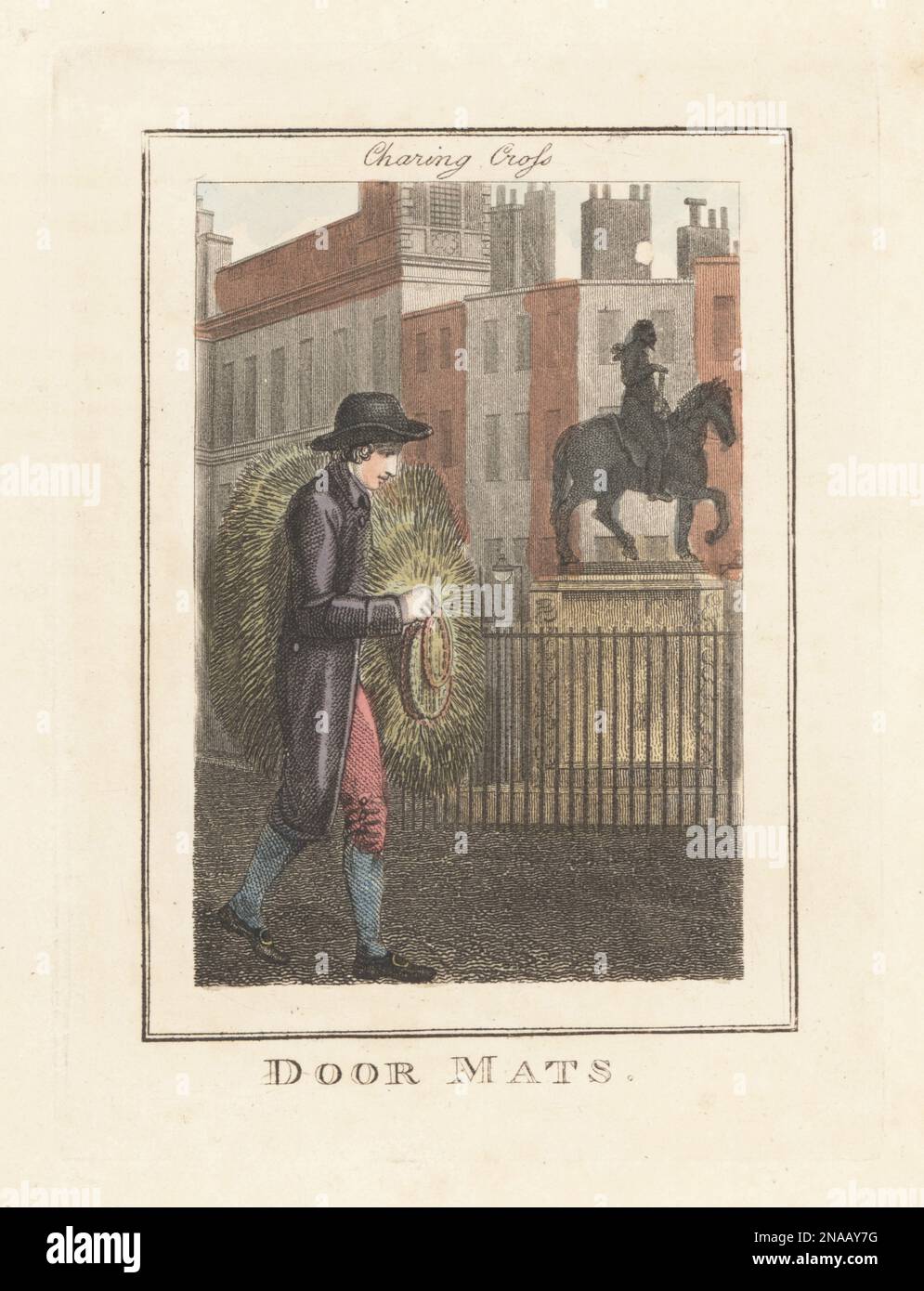 Venditore di tappetini porta di fronte alla statua equestre di Re Carlo i, Charling Cross. Uomo in cappello, cappotto, bretelle e scarpe con fibbia, vendita di stuoie di corsa e corda. Incisione su copperplate a mano di Edward Edwards dopo un'illustrazione di William Marshall Craig dalla Descrizione delle lastre che rappresentano gli Itineranti Traders di Londra, Richard Phillips, n° 71 St Paul's Churchyard, Londra, 1805. Foto Stock