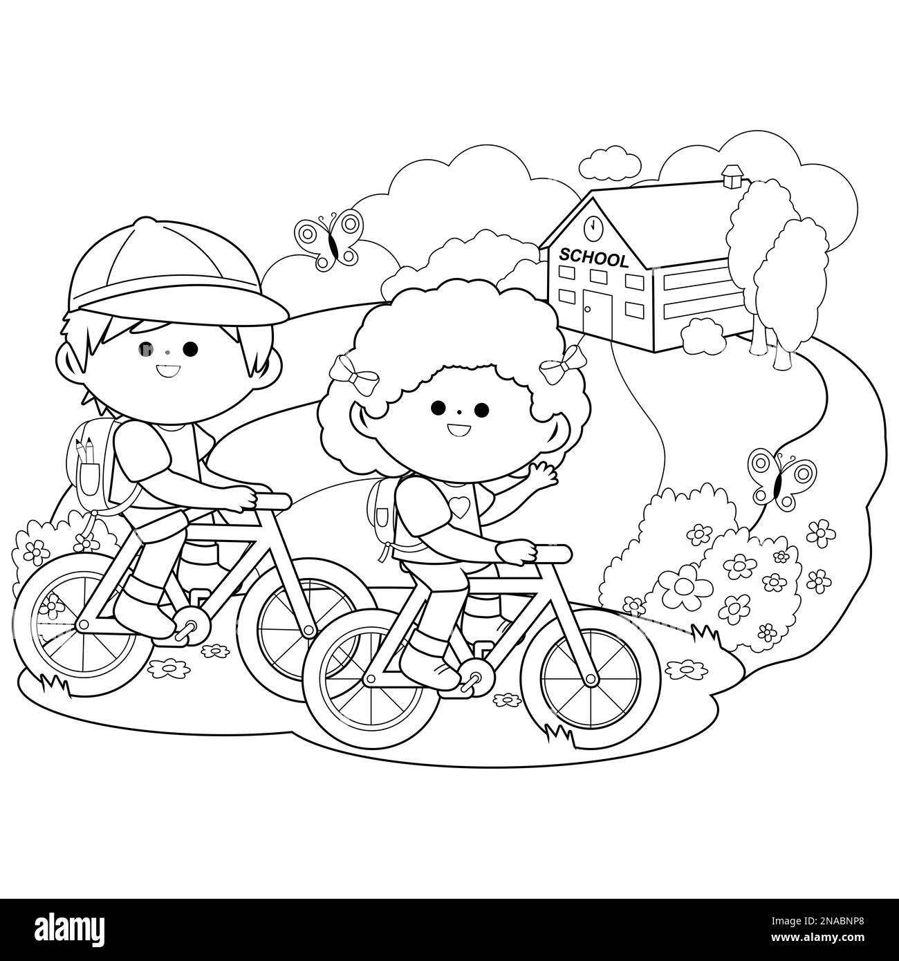 Bambini in bicicletta a scuola. Pagina da colorare in bianco e nero Foto Stock