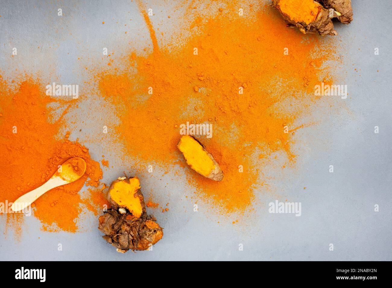 Rizomi curcuma e polvere piatta giacono su grigio con spazio copia Foto Stock