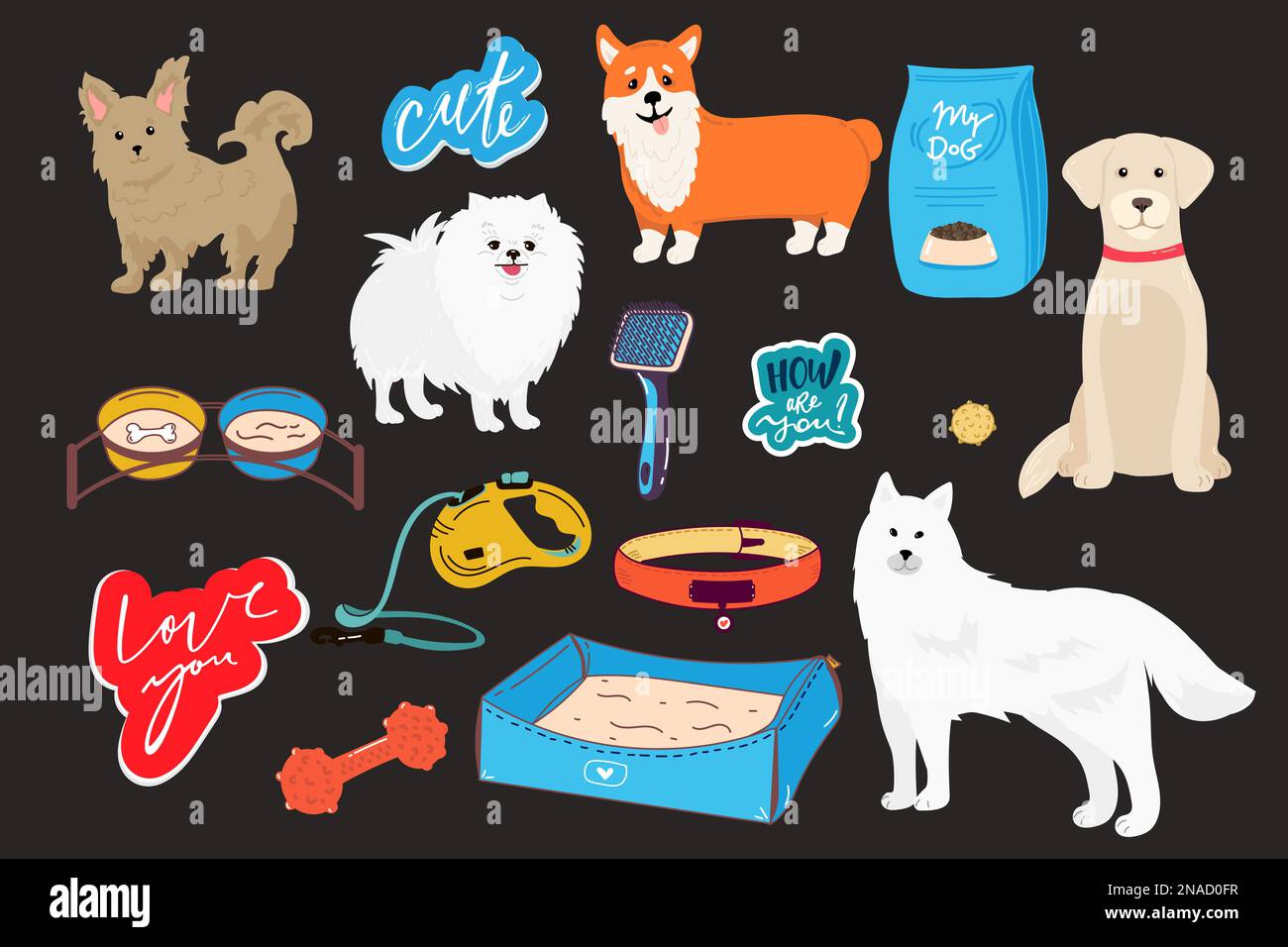 Carino cani doodle vettore set. Cartoon cane o cucciolo design collezione caratteri con colore piatto in diverse pose. Set di animali da compagnia divertente isolato Illustrazione Vettoriale
